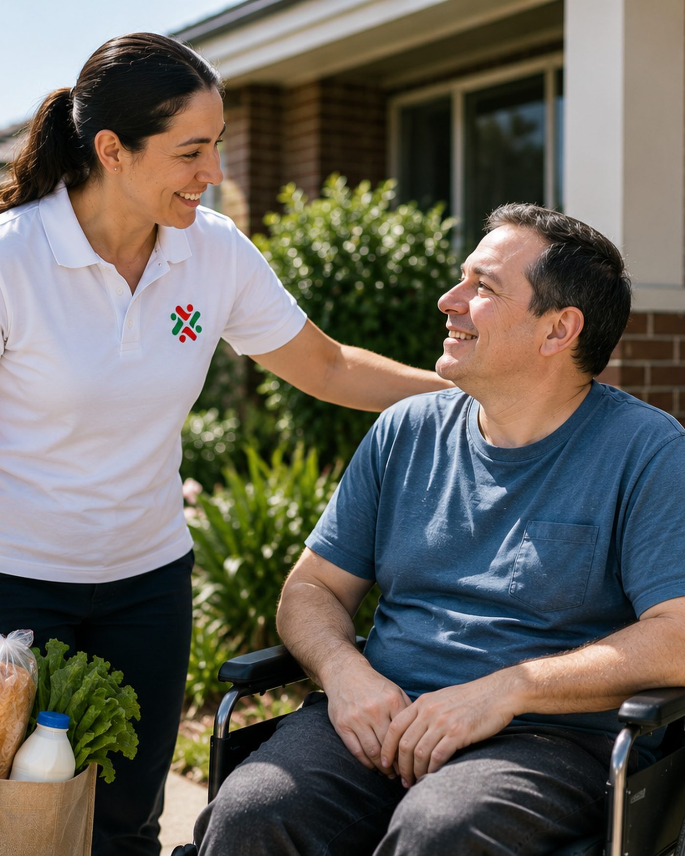 A Pillar Care support worker helping a participant who uses a wheelchair with groceries outside his home