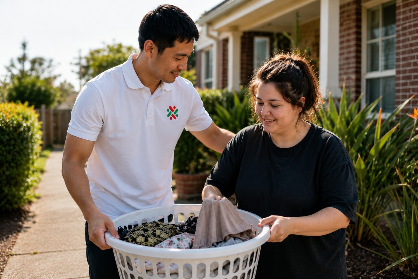 A Pillar Care support worker helping a participant carry a basket of laundry outside her home