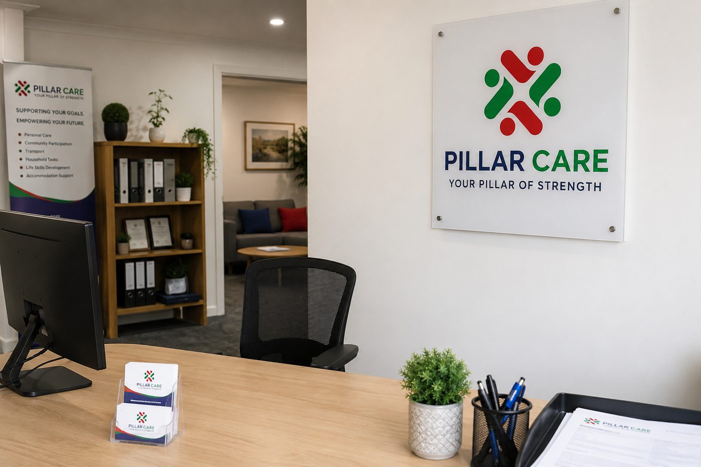 The Pillar Care Support Services reception area, with the Pillar Care sign and logo on the wall