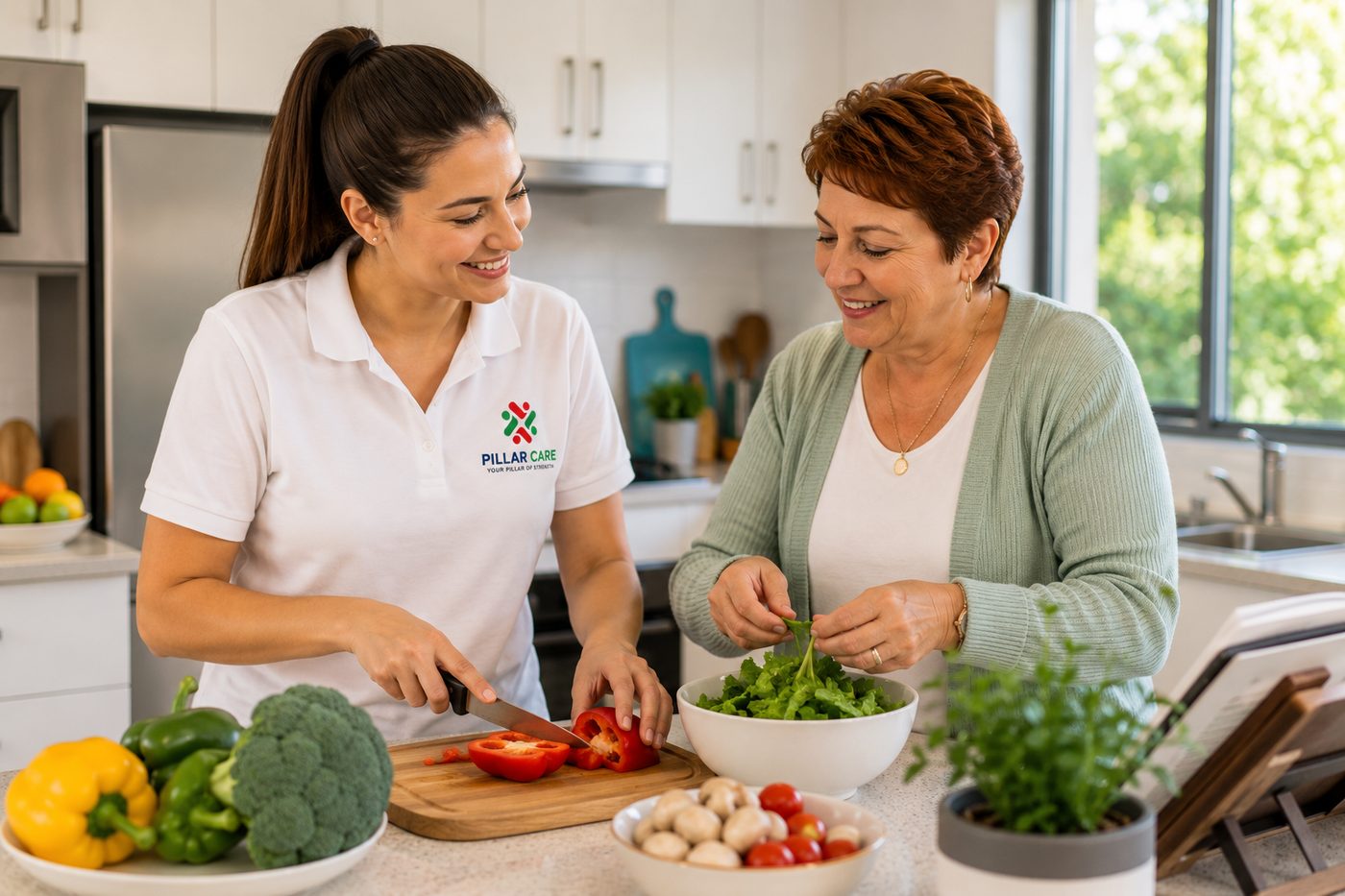 A Pillar Care support worker preparing a meal in the kitchen with a participant, both smiling while preparing fresh vegetables
